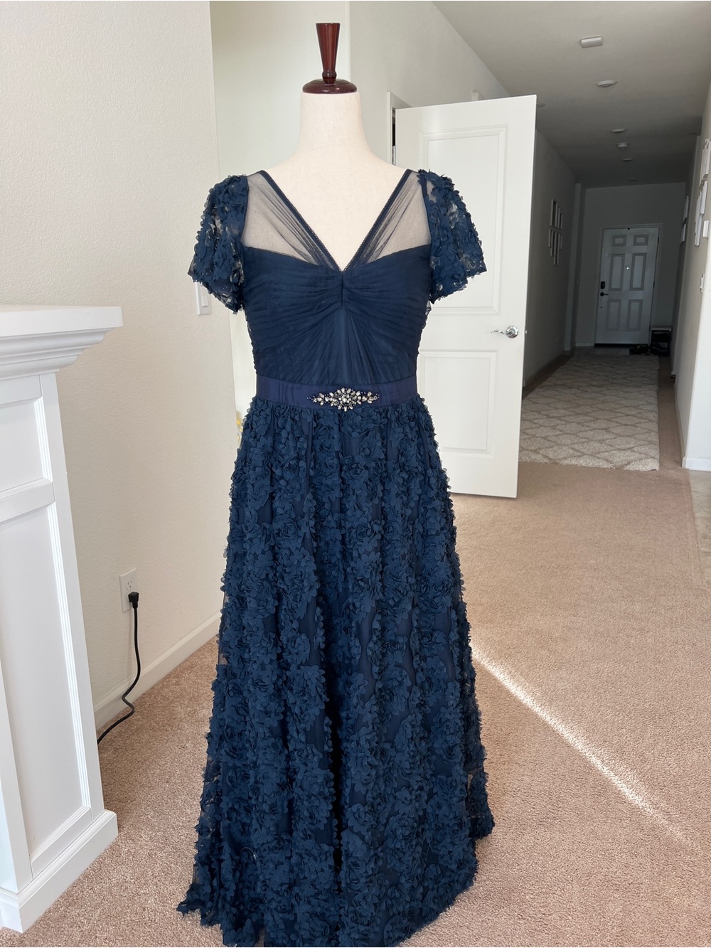 Adrianna Papell Navy Floral-Texture Evening Gown with Sheer V-Neck